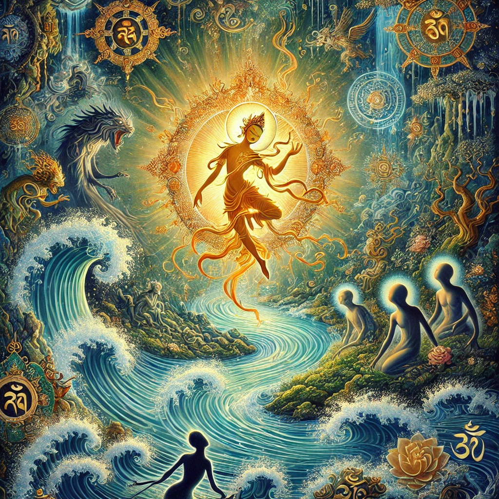 Divine enlightenment artwork with golden spiritual figure surrounded by sacred symbols, Om mantras, flowing waters, and beings observing the awakening