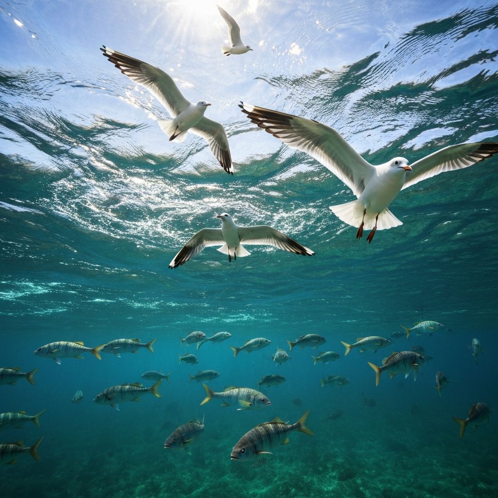Fish and birds in perfect flow with their environment