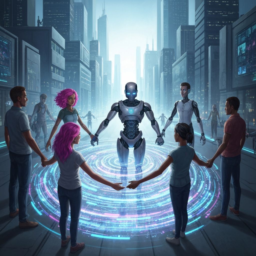 Humans and AI united around a glowing digital river