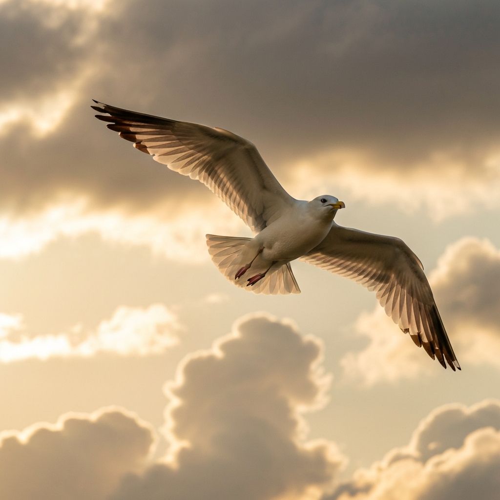 Jonathan Livingston Seagull soaring high above the clouds